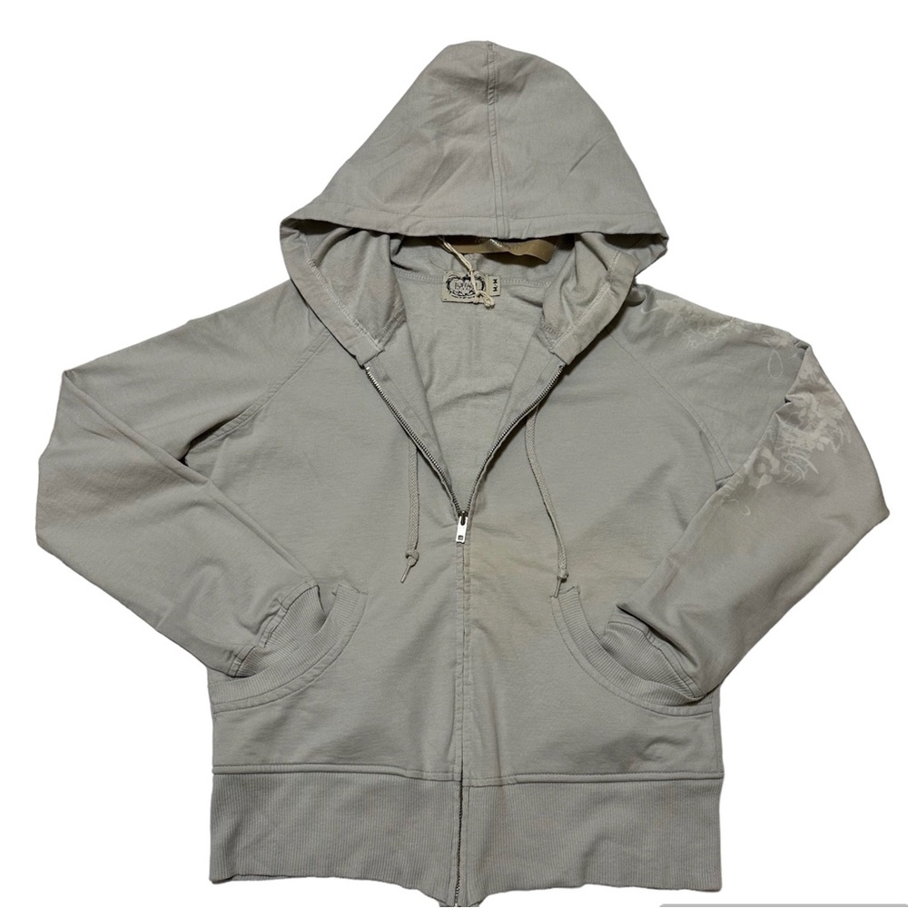Buffalo David Bitton Women’s Gray With Flower Print Sleeve Zip Up Hoodie SZ M